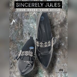 Sincerely Jules Chessie Size 6.5 Black Patent Vegan Leather Flats Silver Buckles
